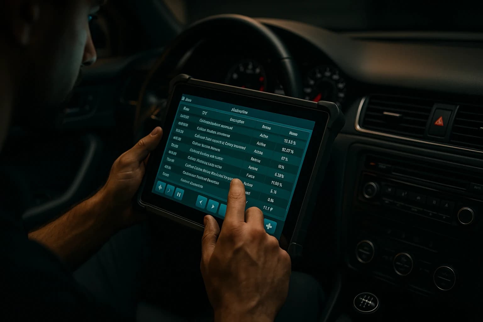 Diagnosetablet im Cockpit eines Fahrzeugs bei Coding-Arbeiten