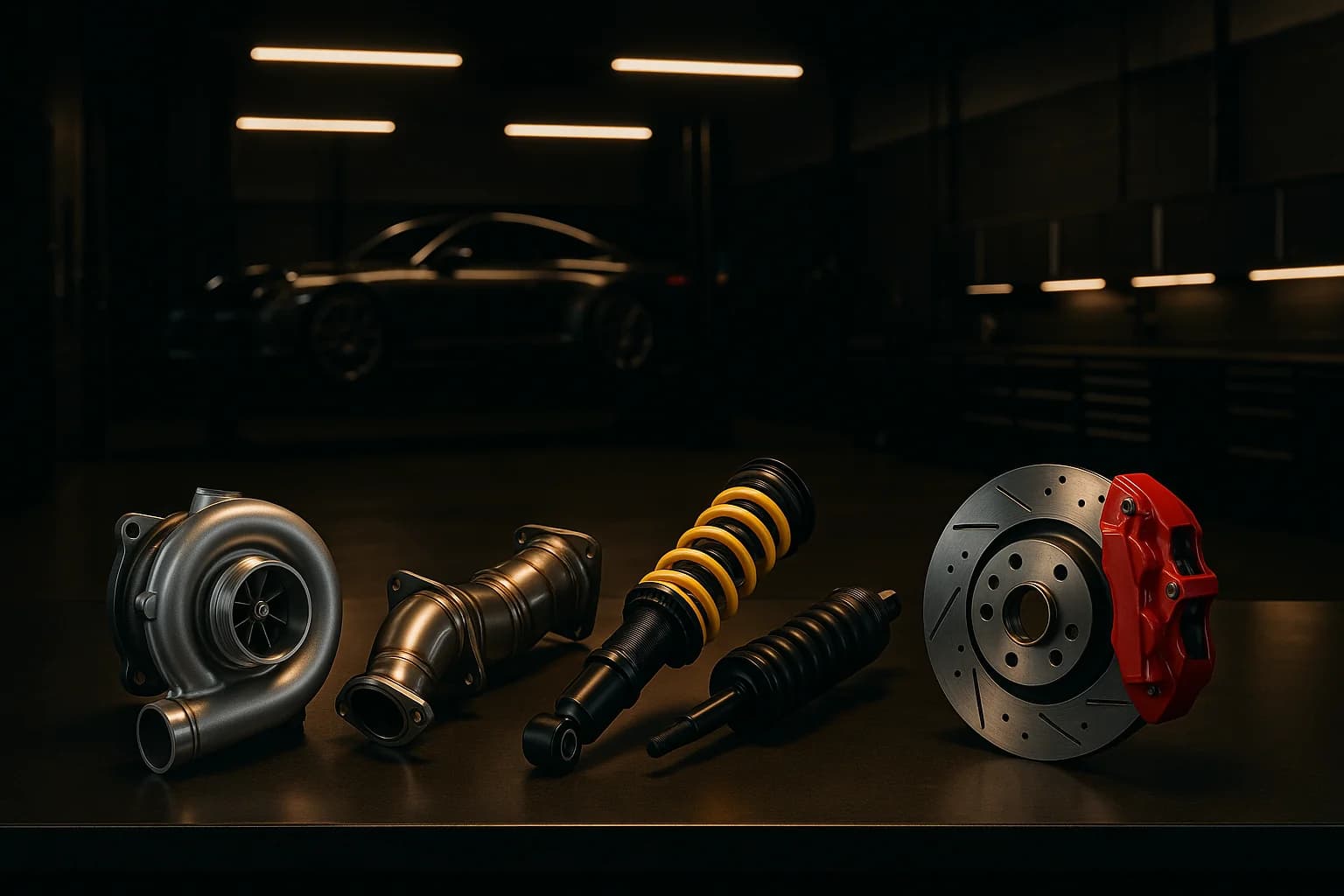 Werkbank mit Tuning-Hardware: Turbolader, Downpipe, Gewindefahrwerks-Dämpfer und Performance-Bremsanlage in dunkler Premium-Werkstatt-Atmosphäre