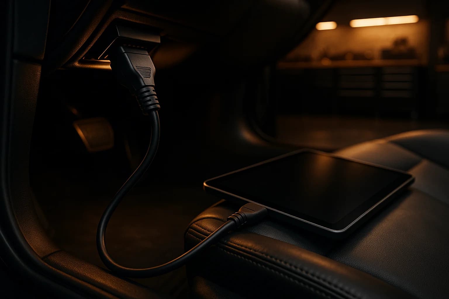 OBD-II-Diagnose-Stecker an einem Tablet auf einem Autositz, Software-Tuning-Anschluss