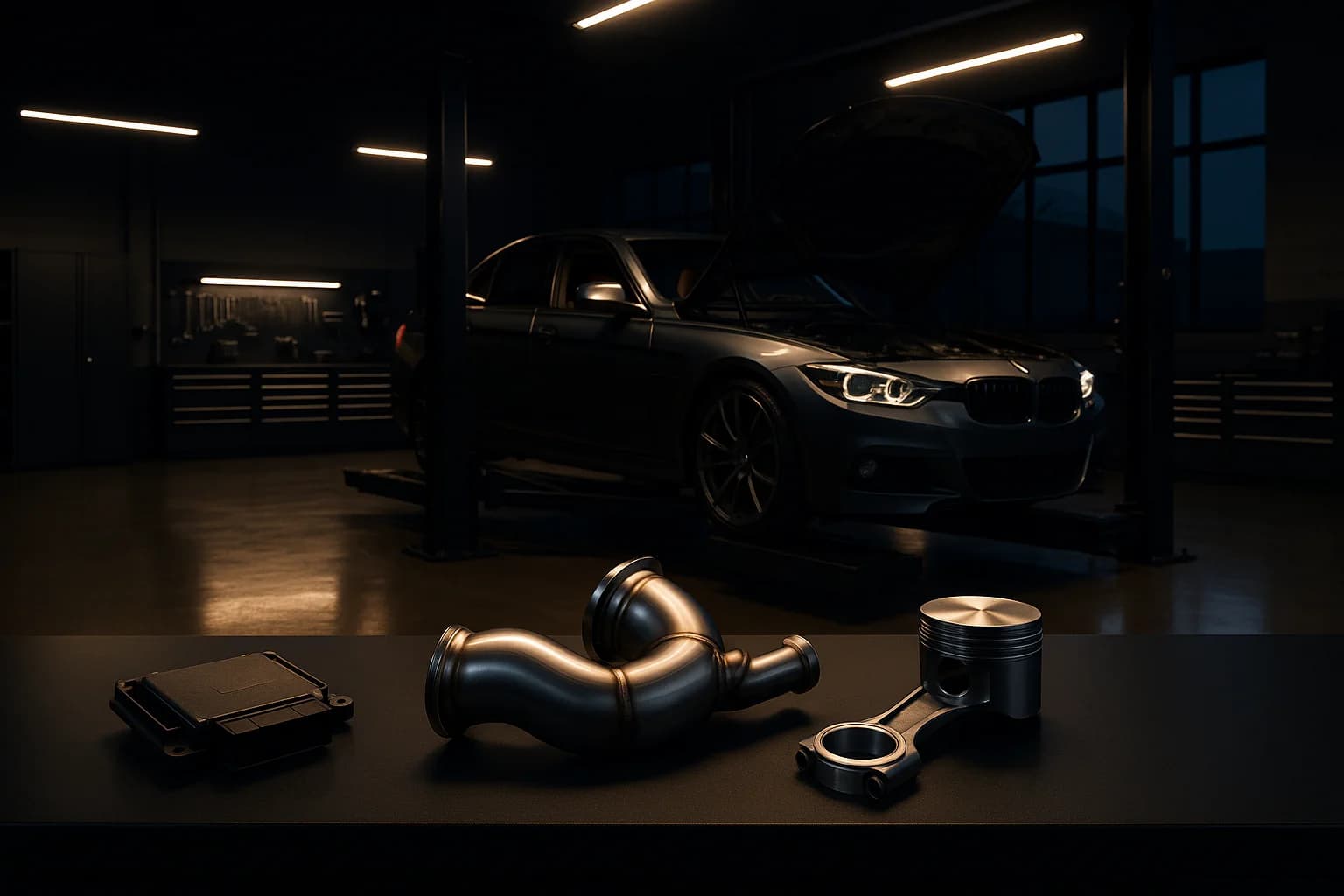 Tuning-Werkstatt im Premium-Stil: Sportwagen auf Hebebühne im Hintergrund, ECU, Downpipe und Schmiedekolben auf einer Werkbank im Vordergrund