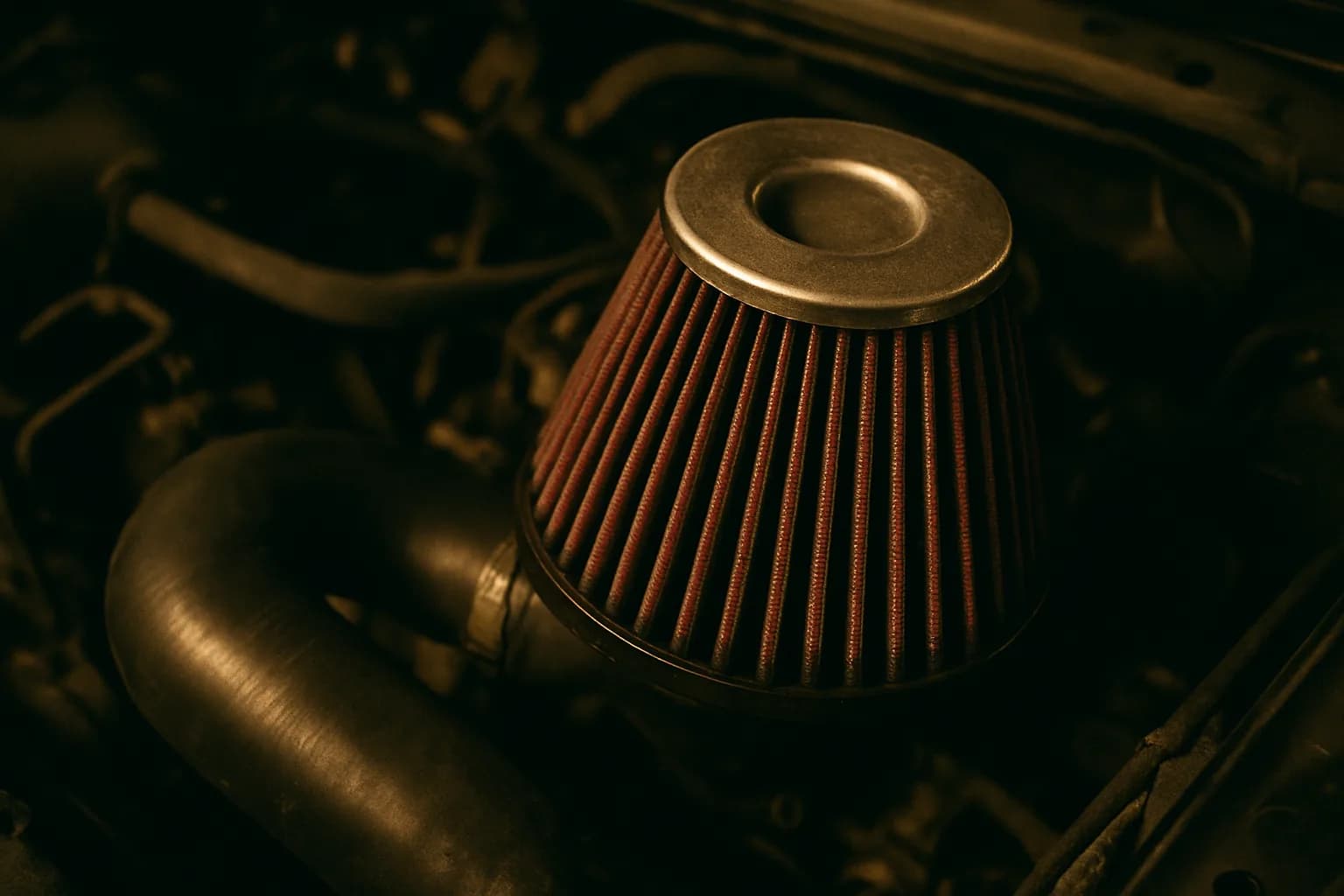 Sportluftfilter mit roter Baumwollelement im Motorraum, Silikon-Schlauch sichtbar
