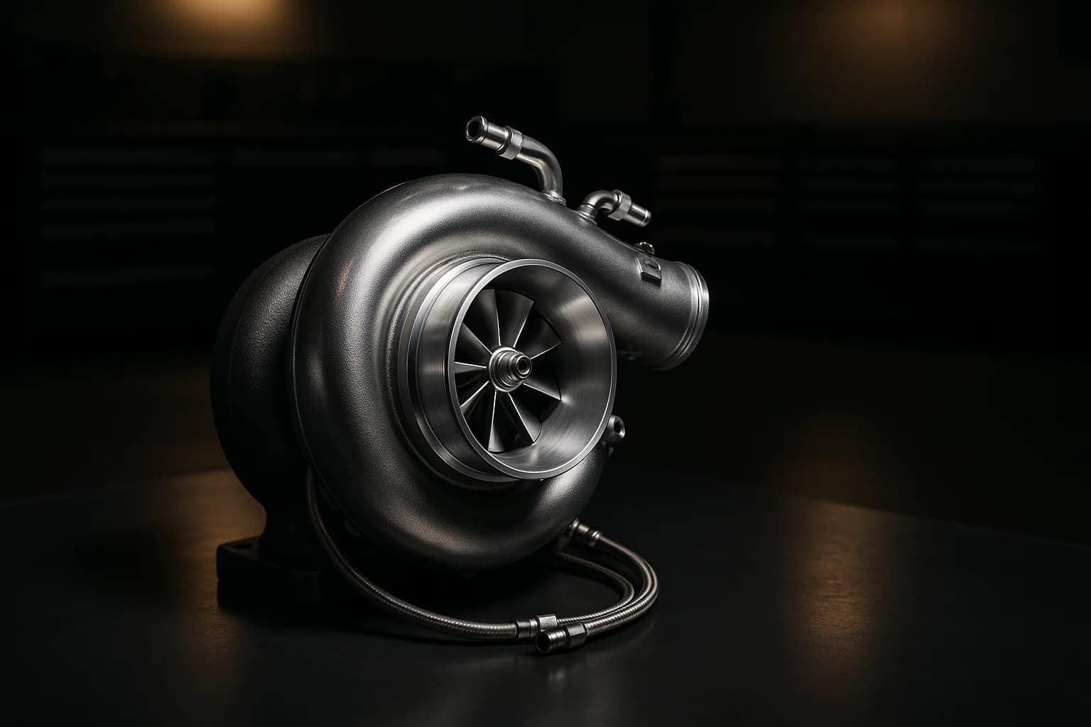 Großer Performance-Turbolader auf einer schwarzen Werkbank, Verdichter- und Turbinen-Gehäuse im Detail, Premium-Studio-Beleuchtung
