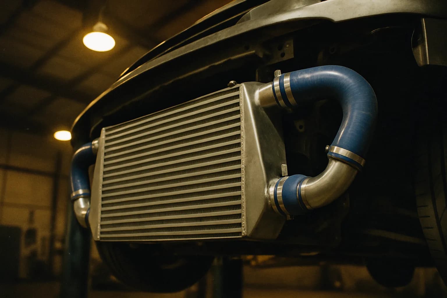 Großer Aluminium Front-Mount-Intercooler hinter der Stoßstange mit Silikon-Schläuchen