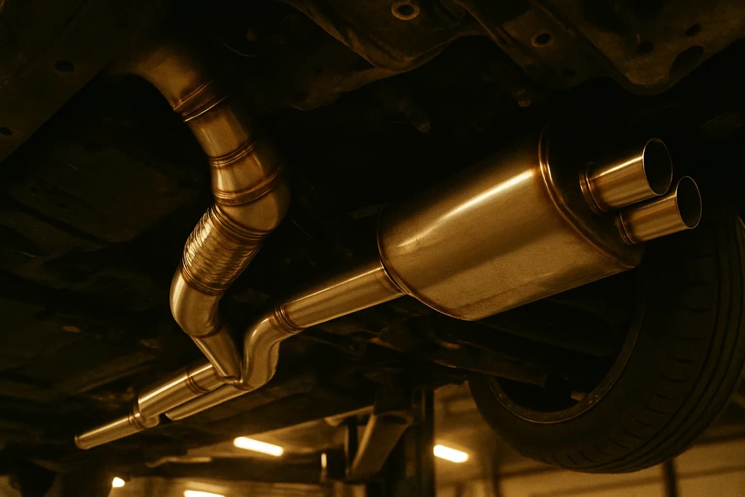 Sportabgasanlage von unten unter dem Auto fotografiert: Edelstahl-Downpipe mit Sportkat, Mittelrohr, Endschalldämpfer